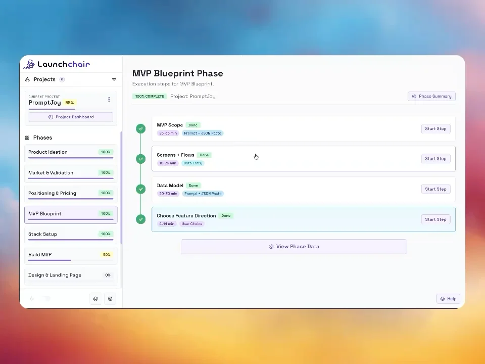 LaunchChair MVP build demo showing guided feature execution from blueprint to build board